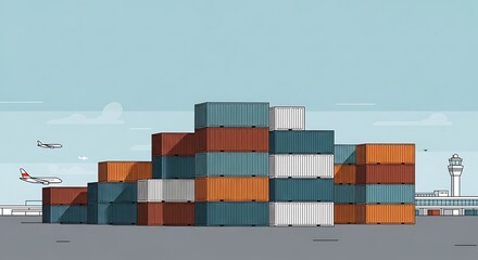 Illustration of cargo containers at an airport, showcasing global trade and logistics with airplanes