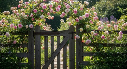 Charming garden entrance with rose-covered archway and weathered wooden gate evoking tranquility