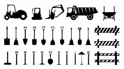 Illustration showing various construction vehicles and tools in black silhouette on a white background