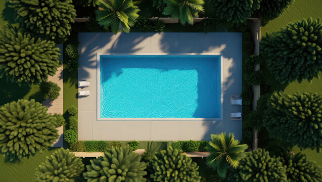 Aerial view of a rectangular swimming pool surrounded by lush green trees and lounge chairs, perfect for summer relaxation