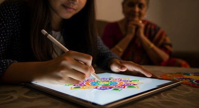 Young artist digitally drawing vibrant mandala art on tablet, Digital Art, Creativity, Technology, Generational, Tradition