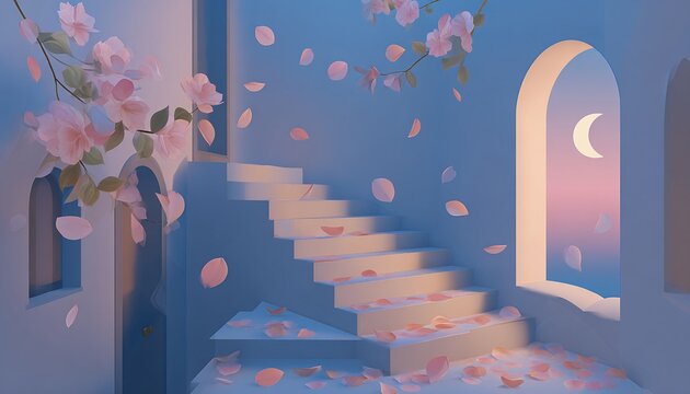 Malerische Treppe mit fallenden Bl&uuml;tenbl&auml;ttern und Mondlicht in einer surrealen Architektur