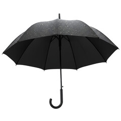 Modern black umbrella with wet surface and water droplets, fully open, studio shot on white background, perfect for product mockups, advertising, and commercial design projects
