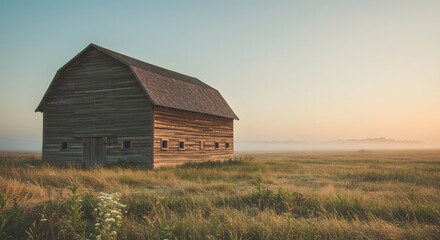 A weathered barn stands in a field of tall grass under a hazy sky at dawn