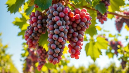 Sun-drenched grapes hanging on vine, ready for harvest,   delicious,   wineyard
