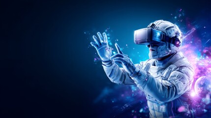 A futuristic astronaut wearing a VR headset interacts with a digital environment, surrounded by glowing cosmic and technological effects.