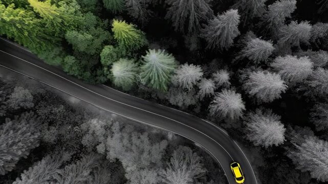 Elektroauto aus Drohnenperspektive mit Farbwechseleffekt im Wald &ndash; Schwarz-Wei&szlig; zu leuchtender Natur. K&uuml;nstliche Intelligenz KI