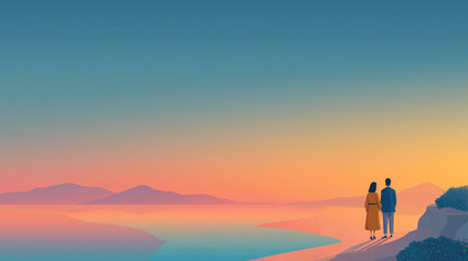 Fototapeta premium Romantic Couple Watching Sunset by the Ocean with Minimalist Landscape