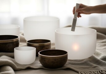 Crystal and metal singing bowls for meditation and healing