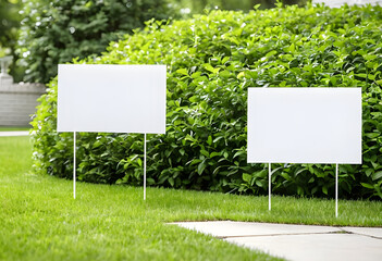 Two yard sign mockups near the green bushes. Two blank yard signs on green grass
