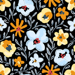 Floral vector seamless pattern. Blue flowers, branches, foliage on a black background. For fabric prints, textile products, summer clothes.
