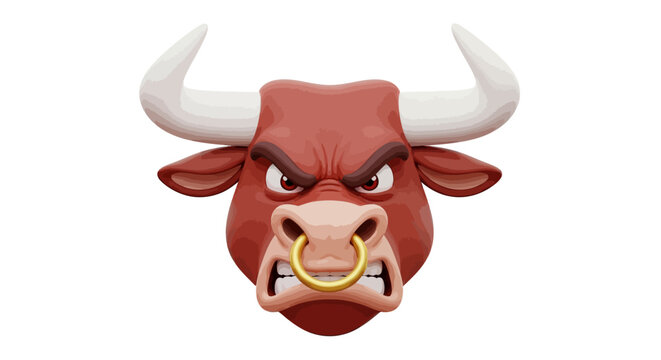 An angry bull head illustration with a golden nose ring and large white horns, isolated on a white background.