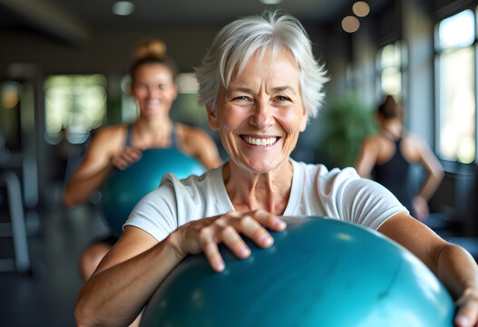 Happy eldery woman exercising with blue fitness ball in the gym