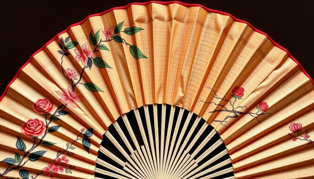 Intricate painted silk hand fan, elegant design, bamboo ribs,   elegant,   close-up