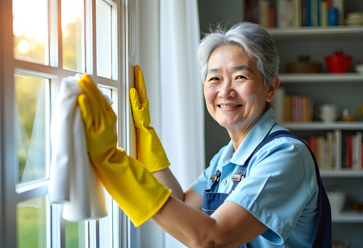 Smiling asian maid in yellow gloves with rag washing windows in living room - Powered by Adobe