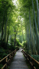 Obraz premium Tranquil Pathway Through Lush Bamboo Forest in Serene Natural Setting