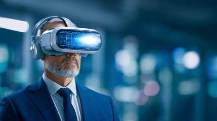 A professional man wearing a virtual reality headset immersed in a futuristic digital environment.
