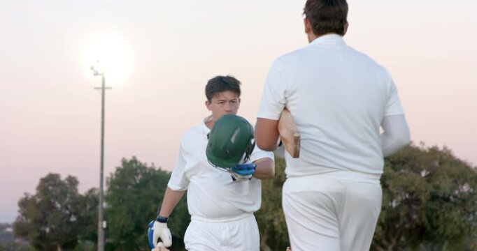 Wicket falling leading teammates bumping fists batter donning helmet taking guard on cricket field
