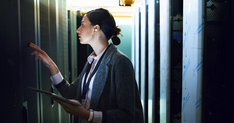 Cybersecurity, inspection or woman on tablet for server room, repair or maintenance. Information technology, programming or IT technician in data circuit for troubleshooting, backup or control panel