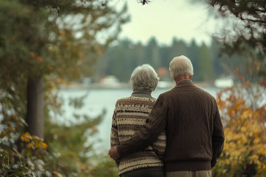 Elderly couple lovingly embraces while gazing at a peaceful lake surrounded by fall foliage, symbolizing lasting love and serenity.