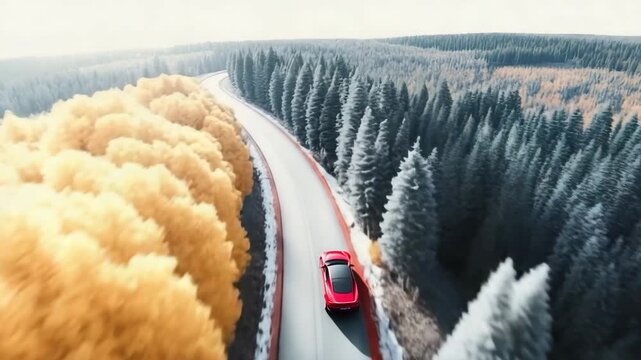 Elektroauto aus Drohnenperspektive mit Farbwechseleffekt im Wald &ndash; Schwarz-Wei&szlig; zu leuchtender Natur. K&uuml;nstliche Intelligenz KI