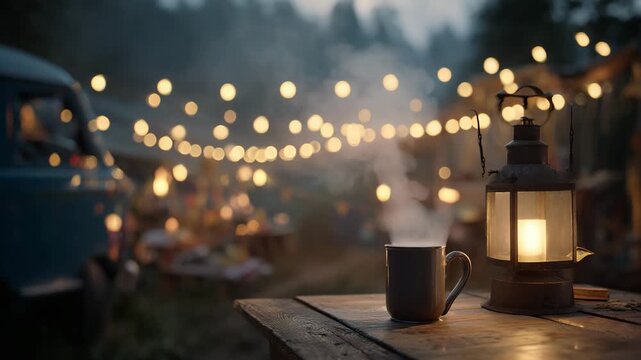Warm evening scene Steaming mug and lantern on rustic wooden table, soft warm light, blurred background with string lights and people enjoying themselves outdoors.
