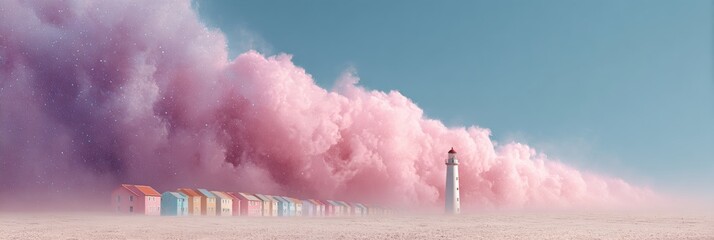 Premium Modern Landscape with Lighthouse Amidst Pink Sandstorm Authentic Resilience Symbol for Millennial Marketing and Social Media Campaigns