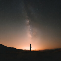 Fototapeta premium Person Gazing at Stars with a Sense of Wonder Under a Starry Sky and Milky Way Galaxy at Dusk
