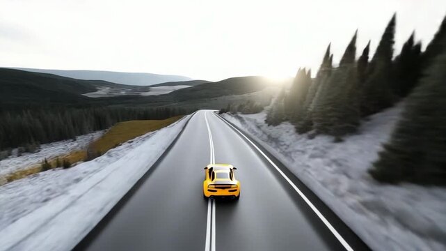 Elektroauto aus Drohnenperspektive mit Farbwechseleffekt im Wald &ndash; Schwarz-Wei&szlig; zu leuchtender Natur. K&uuml;nstliche Intelligenz KI