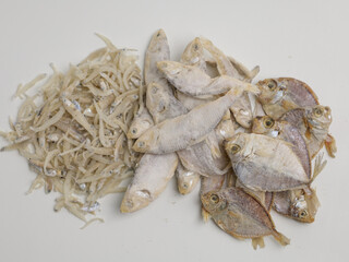 Raw salted fish on white background