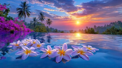 Tropical Sunset, Plumeria Flowers, Infinity Pool, Vacation