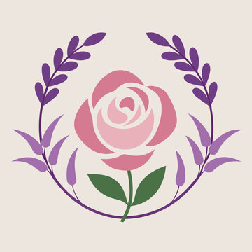 Pink rose with purple laurel wreath and green leaves
