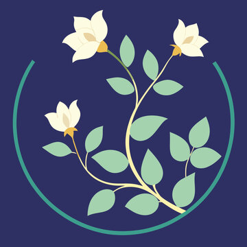 Stylized floral design with white flowers and green leaves on a dark blue background