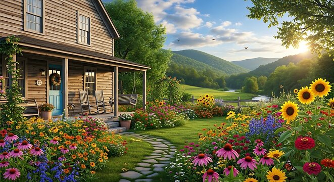 Idyllic farmhouse with vibrant flower garden overlooking a serene mountain vista