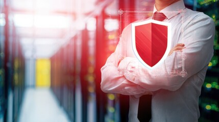 Modern Cybersecurity Specialist with Digital Shield Icon in Server Room Premium Tech Protection for Business Marketing and Professional Social Media Campaigns