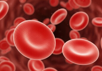 Closeup of red blood cells flowing through a blood vessel