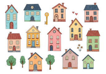 Cute colorful house illustrations set