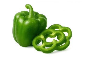 Whole green bell pepper glistening with water droplets, accompanied by three fresh slices, isolated against a transparent background