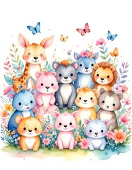 Obraz premium Watercolor painting of cute baby animals in a garden