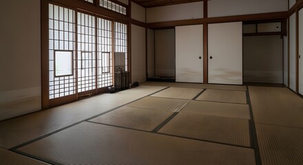 Traditional Japanese Room Interior with Tatami Mats and Shoji Screens.