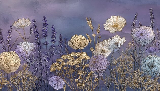 Zarte Lavendel- und Blumenkomposition mit Aquarellhintergrund, die Fr&uuml;hling und Natur darstellt.