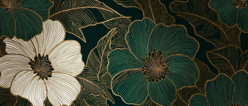 Elegante Blumenmuster mit Goldkonturen auf dunklem Hintergrund, luxuri&ouml;ses Design