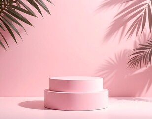 Two-tiered pink display platform, palm shadows