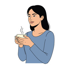 Vector illustration of woman holding a cup of hot coffee isolated on white background