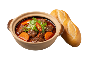 Rich Vietnamese Bo Kho beef stew with tender beef, carrots, herbs in rustic pot, crusty baguette, transparent background, concept of authentic deliciousness
