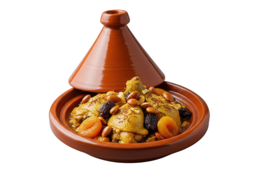 Moroccan chicken tagine with tender chicken, apricots, and almonds in spiced golden sauce, presented in traditional glazed earthenware pot on transparent. Concept of culinary delight