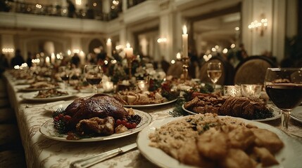 A long table with plates of food and glasses of wine.