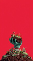 A stylized hand holds a clump of earth,  plants sprout from it, against a red background.  A small landscape with rocks and mushrooms appears on the earth