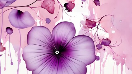 Watercolour transparent illustrative video, wild blooming floral pattern, delicate violet flowers, greeting card template on white background. Purple invitation wedding card.