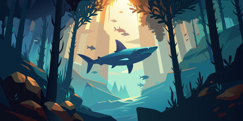 silhouette-of-a-shark-in-the-distance-under-the-ocean-wallpaper-eerie 